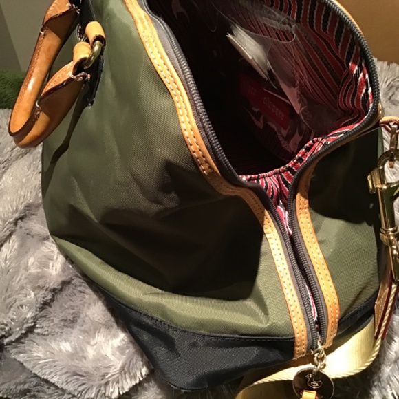 DANZO ‘RETRO KHAKI GREEN NYLON WITH BEIGE VACHETTA HANDLES & TRIMS  BABY BAG - Picture 13 of 16